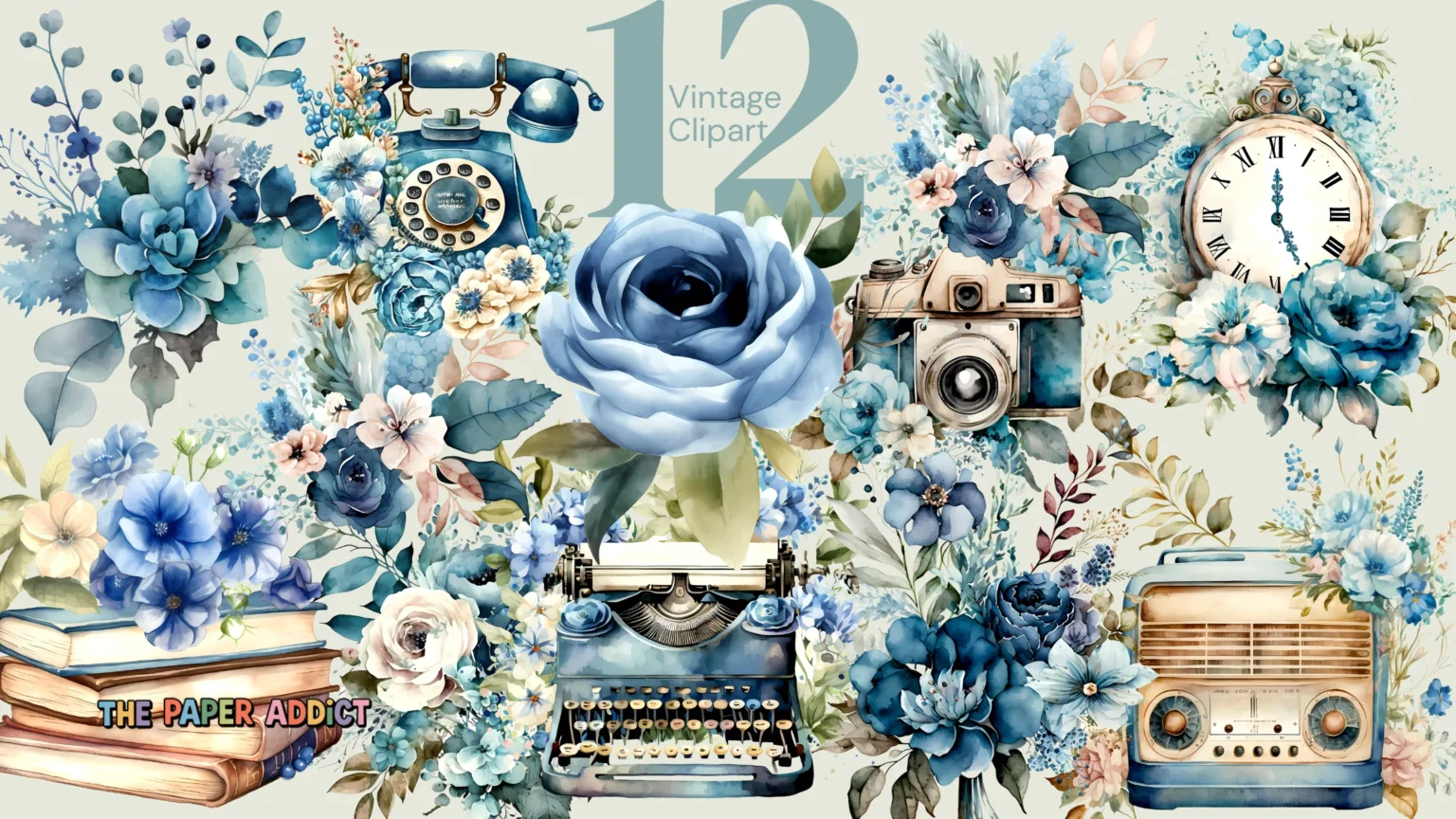 12 Vintage Blue Flower Clipart