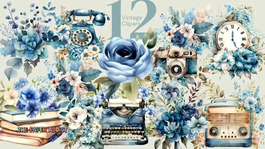 12 Vintage Blue Flower Clipart